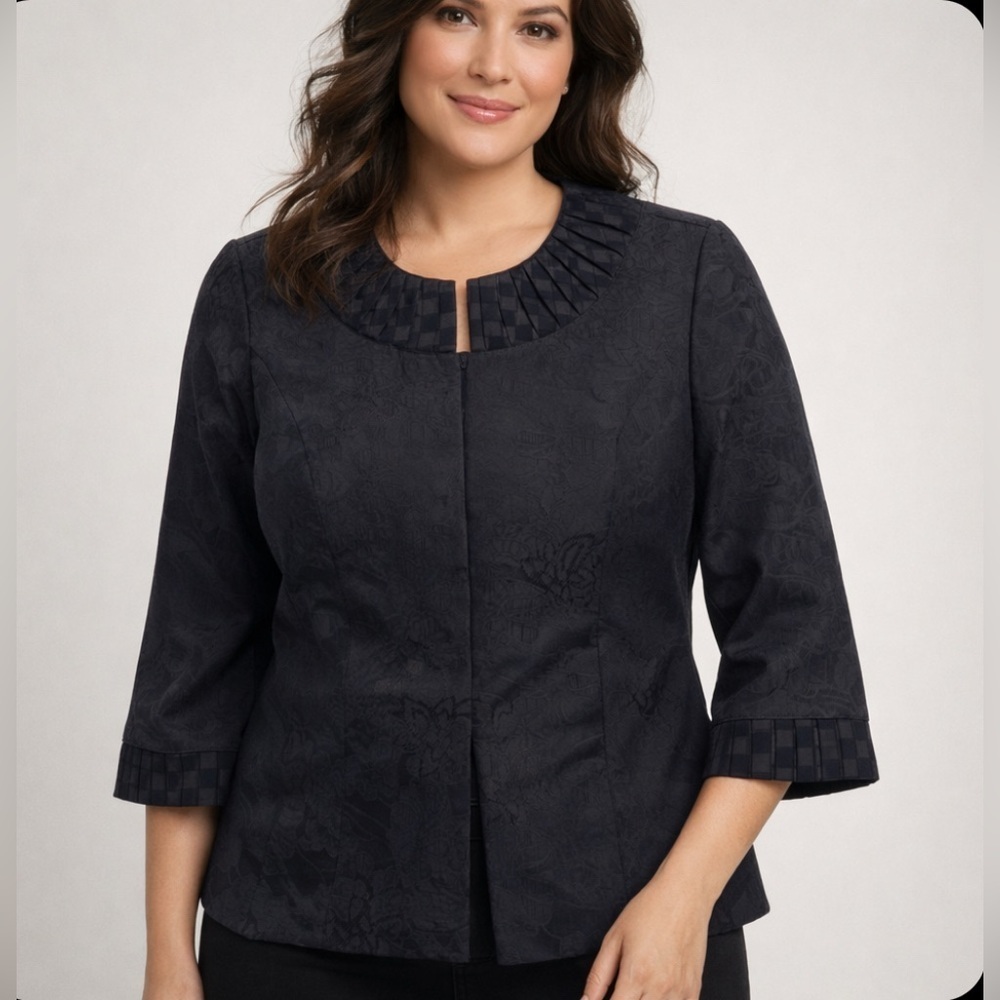 Chico’s Floral Jacquard 3/4 Sleeve Blazer Jacket Career Office Black Size 4
